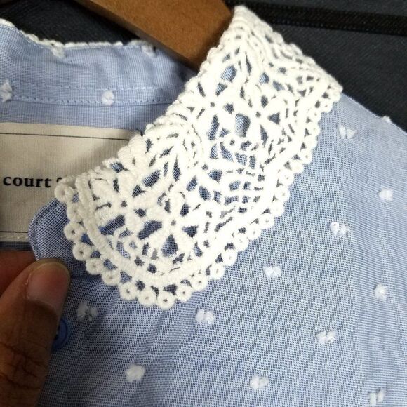 Court & Rowe Blue Swiss Dot Crochet Lace Collar Blouse - Picture 6 of 9